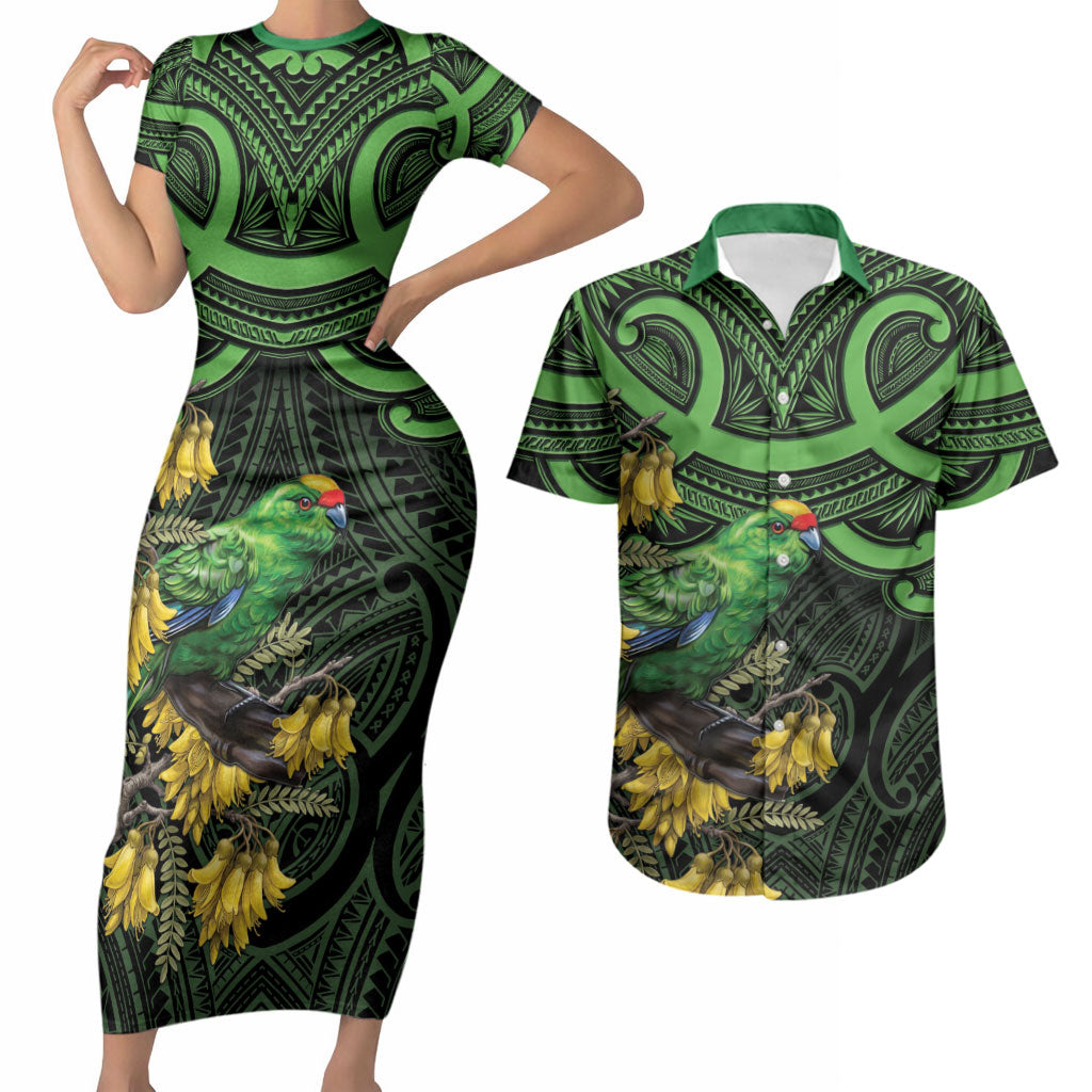 New Zealand Parakeet Bird Couples Matching Short Sleeve Bodycon Dress and Hawaiian Shirt Maori Kakariki Kowhai Maori Pattern LT22 Green - Polynesian Pride