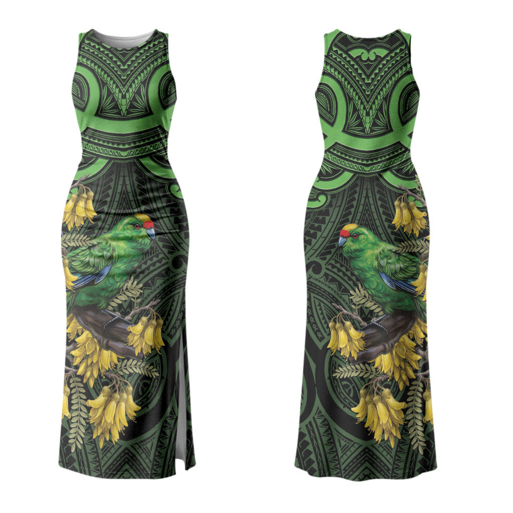 New Zealand Parakeet Bird Couples Matching Tank Maxi Dress and Long Sleeve Button Shirt Maori Kakariki Kowhai Maori Pattern