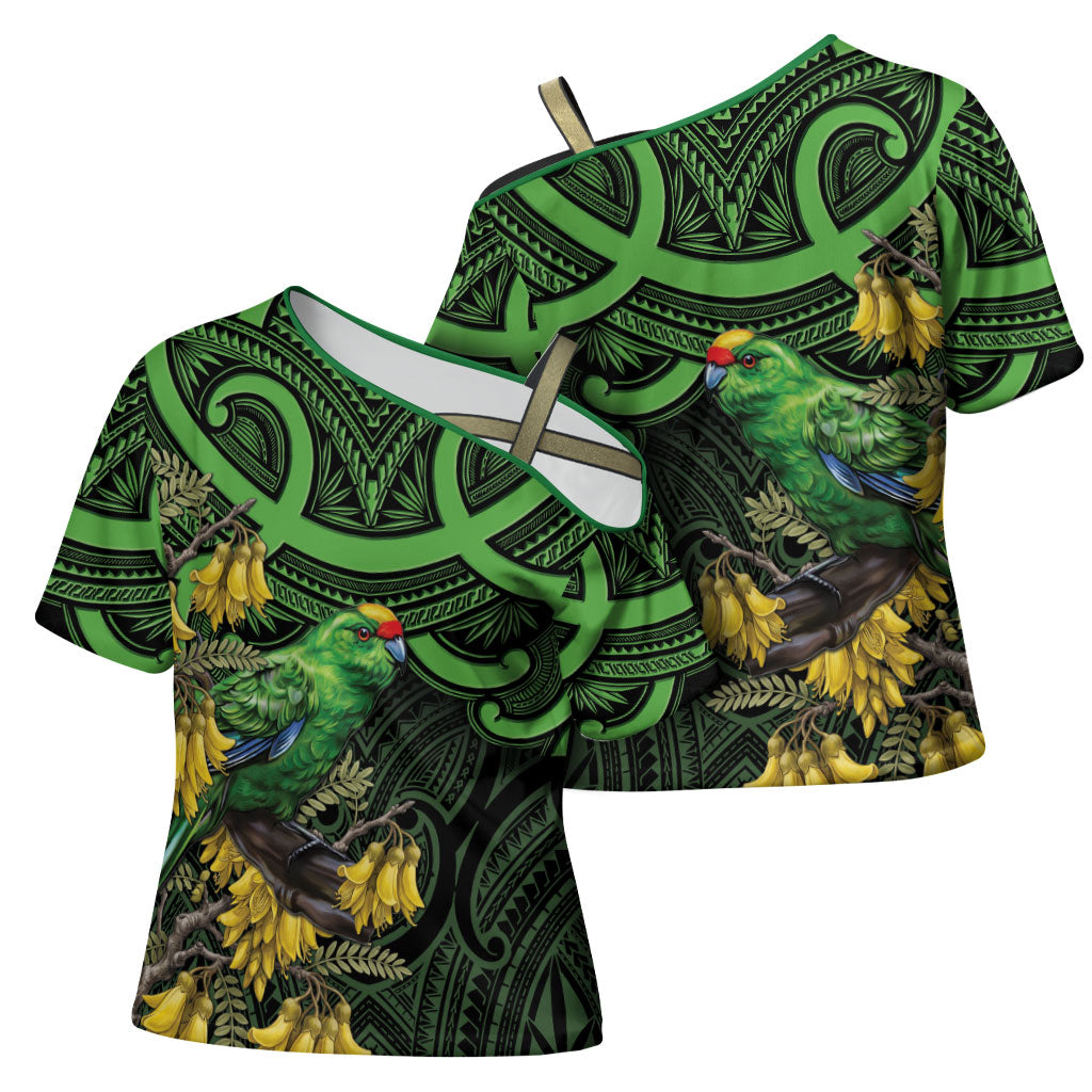 New Zealand Parakeet Bird Cross Shoulder Shirt Maori Kakariki Kowhai Maori Pattern