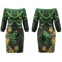 New Zealand Parakeet Bird Family Matching Off The Shoulder Long Sleeve Dress and Hawaiian Shirt Maori Kakariki Kowhai Maori Pattern