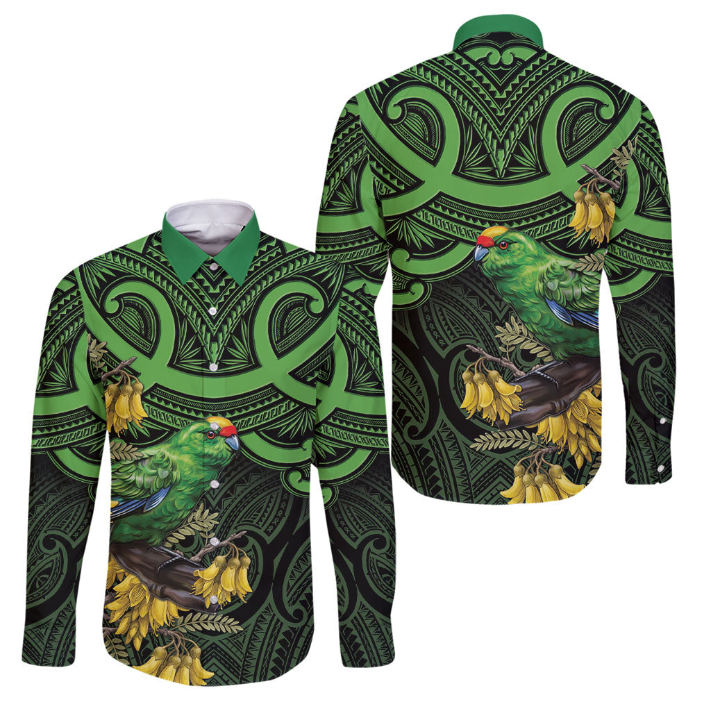 New Zealand Parakeet Bird Family Matching Off Shoulder Maxi Dress and Hawaiian Shirt Maori Kakariki Kowhai Maori Pattern