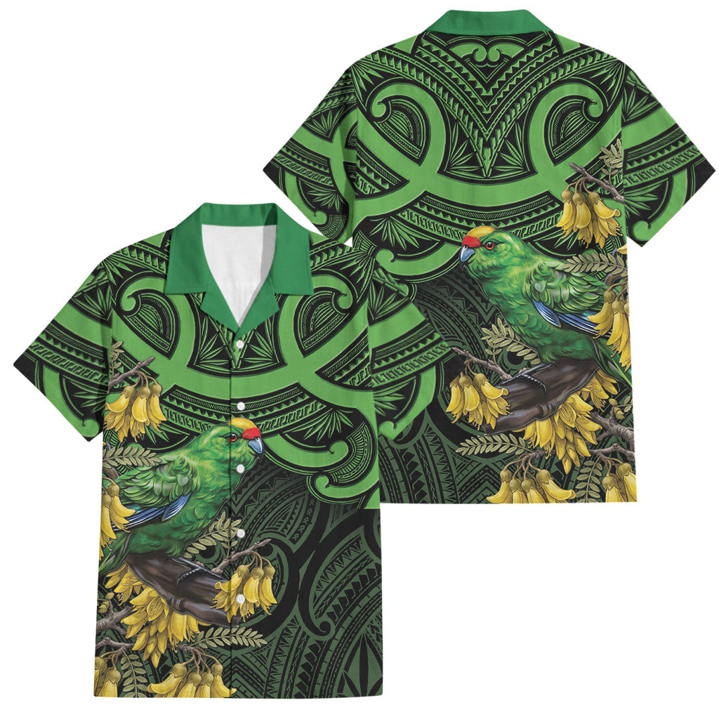 New Zealand Parakeet Bird Family Matching Off Shoulder Short Dress and Hawaiian Shirt Maori Kakariki Kowhai Maori Pattern