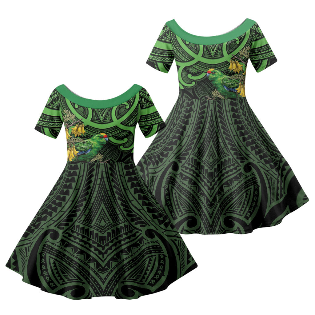 New Zealand Parakeet Bird Family Matching Off Shoulder Short Dress and Hawaiian Shirt Maori Kakariki Kowhai Maori Pattern