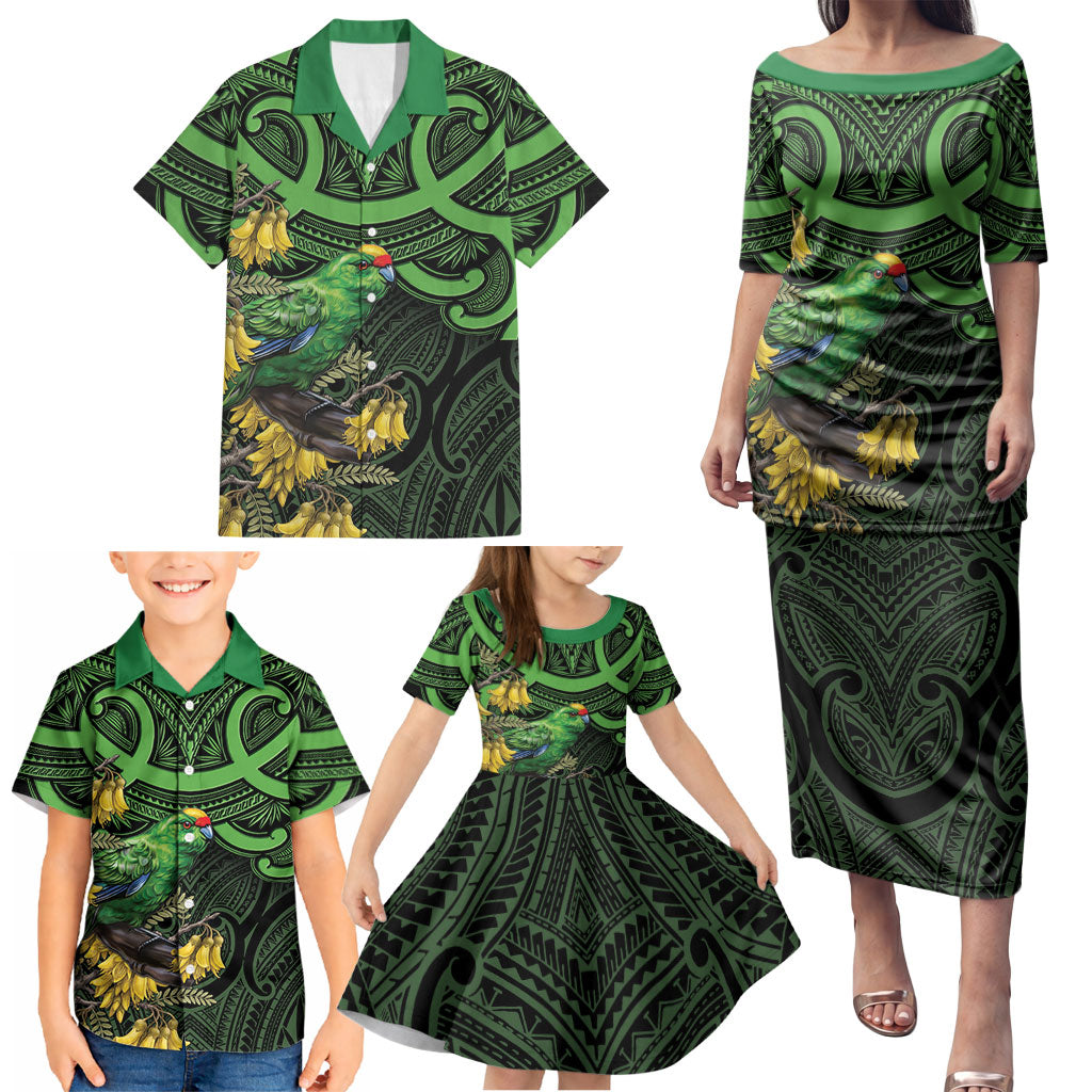 New Zealand Parakeet Bird Family Matching Puletasi and Hawaiian Shirt Maori Kakariki Kowhai Maori Pattern