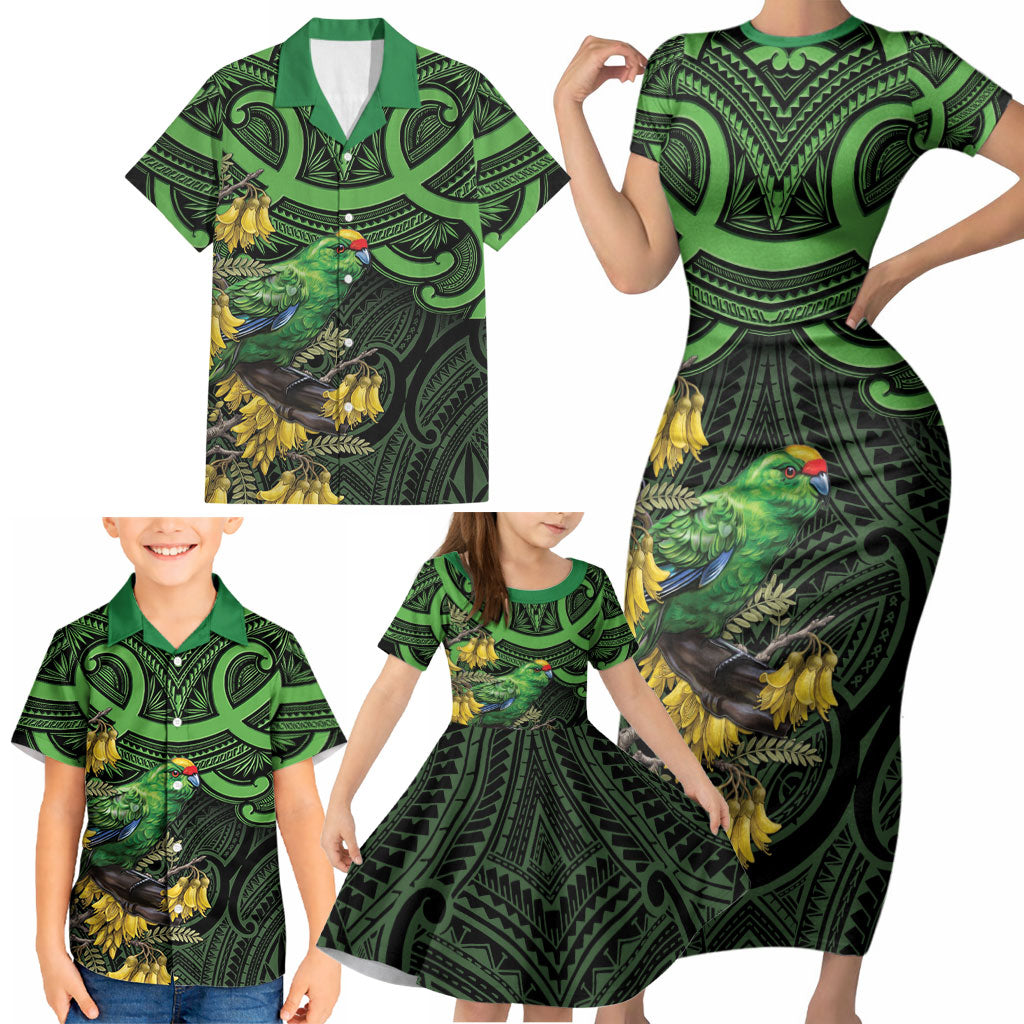 New Zealand Parakeet Bird Family Matching Short Sleeve Bodycon Dress and Hawaiian Shirt Maori Kakariki Kowhai Maori Pattern LT22 - Polynesian Pride