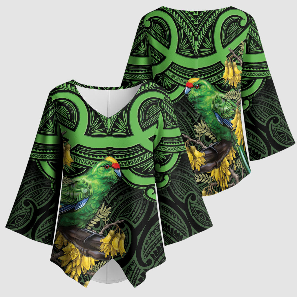 New Zealand Parakeet Bird Kimono Sleeve Blouse Maori Kakariki Kowhai Maori Pattern