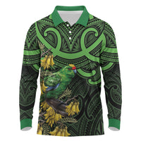 New Zealand Parakeet Bird Long Sleeve Polo Shirt Maori Kakariki Kowhai Maori Pattern