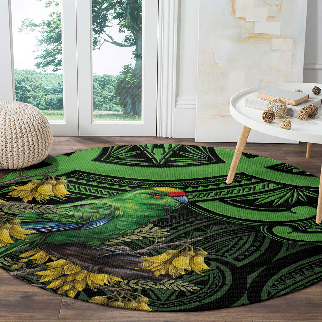 New Zealand Parakeet Bird Round Carpet Maori Kakariki Kowhai Maori Pattern