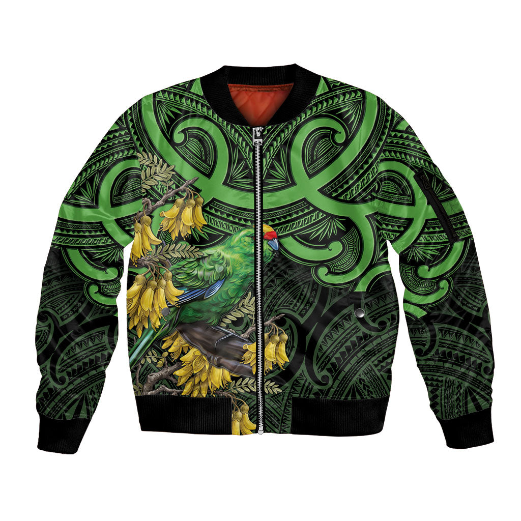 New Zealand Parakeet Bird Sleeve Zip Bomber Jacket Maori Kakariki Kowhai Maori Pattern LT22 Unisex Green - Polynesian Pride