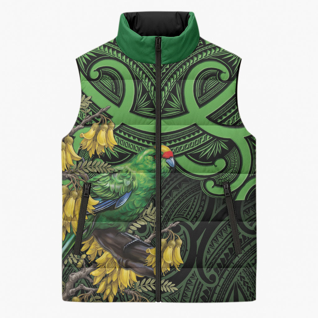 New Zealand Parakeet Bird Sleeveless Puffer Jacket Maori Kakariki Kowhai Maori Pattern LT22 Unisex Green - Polynesian Pride