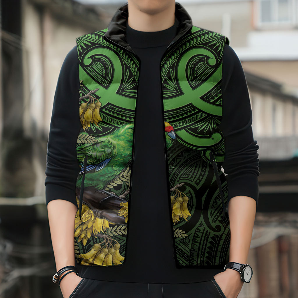 New Zealand Parakeet Bird Sleeveless Puffer Jacket Maori Kakariki Kowhai Maori Pattern