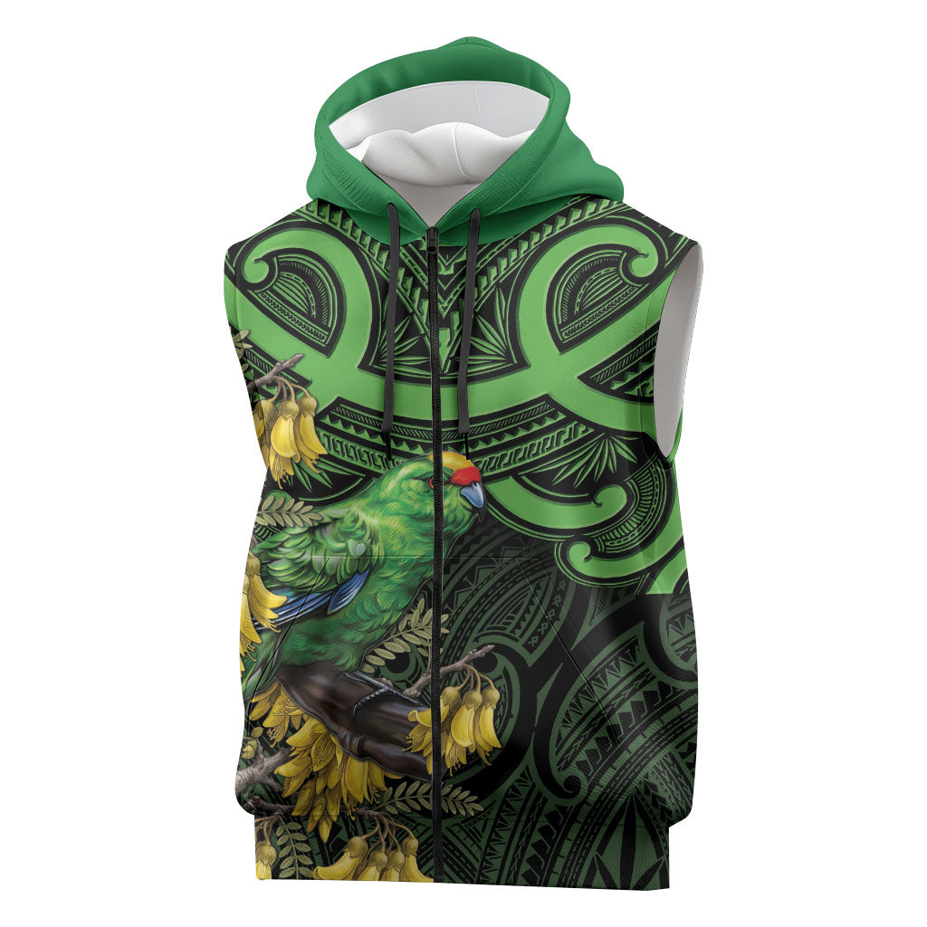 New Zealand Parakeet Bird Sleeveless Zip Hoodie Maori Kakariki Kowhai Maori Pattern LT22 Green - Polynesian Pride