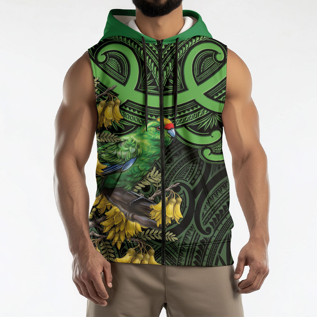 New Zealand Parakeet Bird Sleeveless Zip Hoodie Maori Kakariki Kowhai Maori Pattern