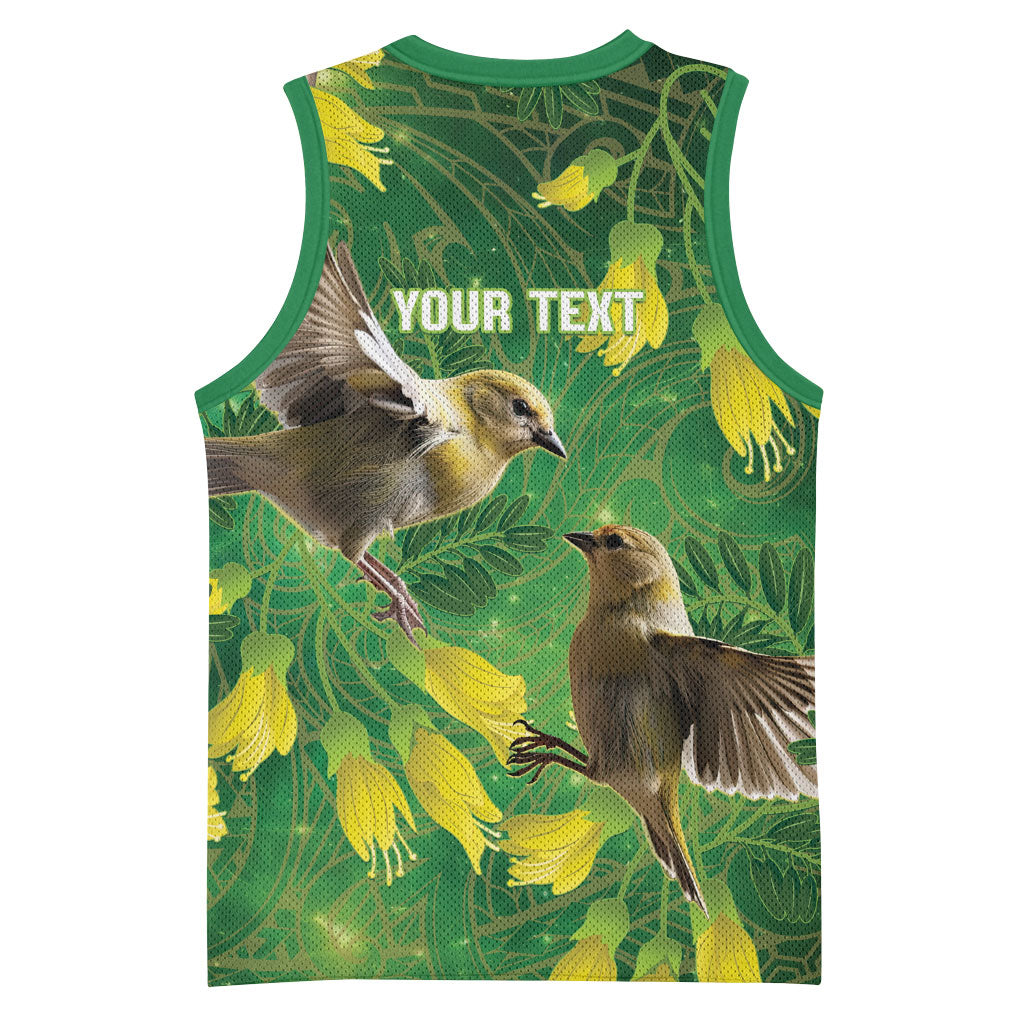 Bellbird New Zealand Personalised Basketball Jersey Kowhai Flower Maori Pattern