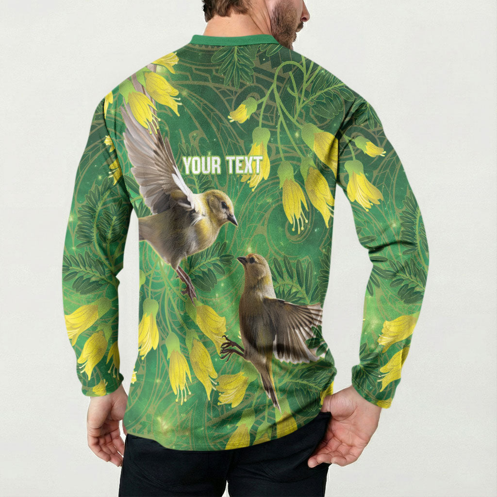 Bellbird New Zealand Personalised Button Sweatshirt Kowhai Flower Maori Pattern