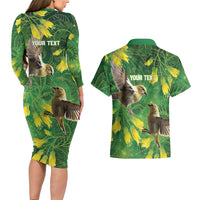 Bellbird New Zealand Personalised Couples Matching Long Sleeve Bodycon Dress and Hawaiian Shirt Kowhai Flower Maori Pattern LT22 - Polynesian Pride