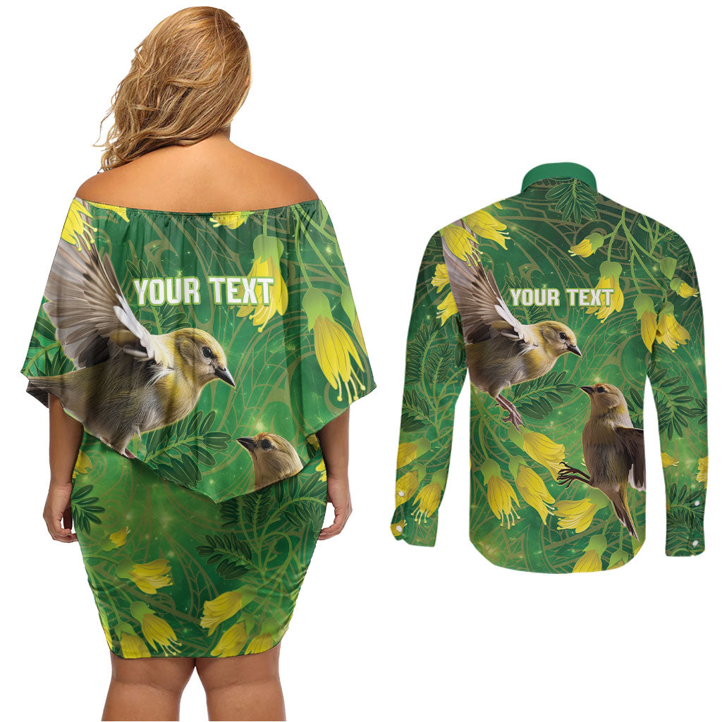 Bellbird New Zealand Personalised Couples Matching Off Shoulder Short Dress and Long Sleeve Button Shirt Kowhai Flower Maori Pattern