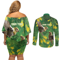 Bellbird New Zealand Personalised Couples Matching Off Shoulder Short Dress and Long Sleeve Button Shirt Kowhai Flower Maori Pattern