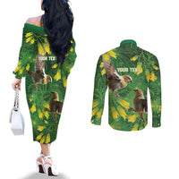Bellbird New Zealand Personalised Couples Matching Off The Shoulder Long Sleeve Dress and Long Sleeve Button Shirt Kowhai Flower Maori Pattern LT22 - Polynesian Pride