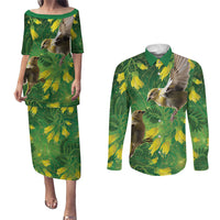Bellbird New Zealand Personalised Couples Matching Puletasi and Long Sleeve Button Shirt Kowhai Flower Maori Pattern