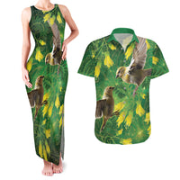 Bellbird New Zealand Personalised Couples Matching Tank Maxi Dress and Hawaiian Shirt Kowhai Flower Maori Pattern LT22 Green - Polynesian Pride