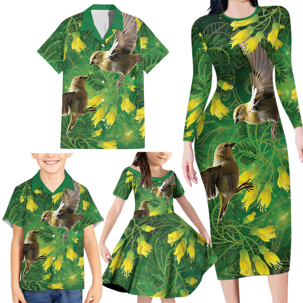 Bellbird New Zealand Personalised Family Matching Long Sleeve Bodycon Dress and Hawaiian Shirt Kowhai Flower Maori Pattern LT22 - Polynesian Pride