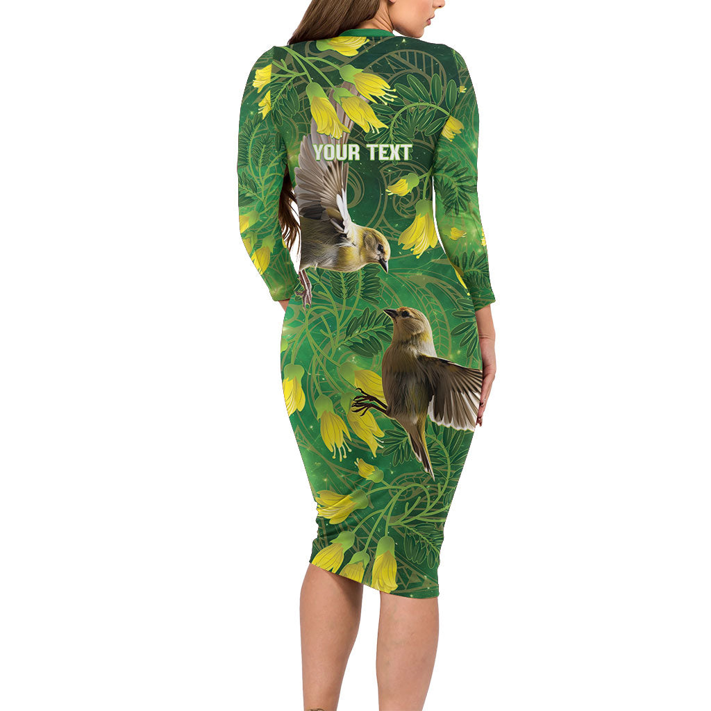Bellbird New Zealand Personalised Family Matching Long Sleeve Bodycon Dress and Hawaiian Shirt Kowhai Flower Maori Pattern LT22 - Polynesian Pride