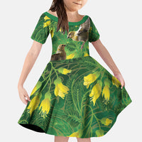 Bellbird New Zealand Personalised Family Matching Off The Shoulder Long Sleeve Dress and Hawaiian Shirt Kowhai Flower Maori Pattern LT22 Daughter's Dress Green - Polynesian Pride