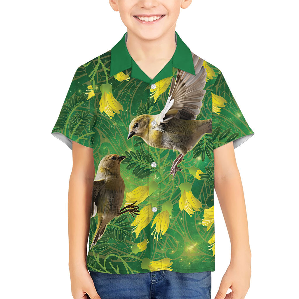 Bellbird New Zealand Personalised Family Matching Off The Shoulder Long Sleeve Dress and Hawaiian Shirt Kowhai Flower Maori Pattern LT22 Son's Shirt Green - Polynesian Pride