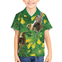 Bellbird New Zealand Personalised Family Matching Off The Shoulder Long Sleeve Dress and Hawaiian Shirt Kowhai Flower Maori Pattern LT22 Son's Shirt Green - Polynesian Pride
