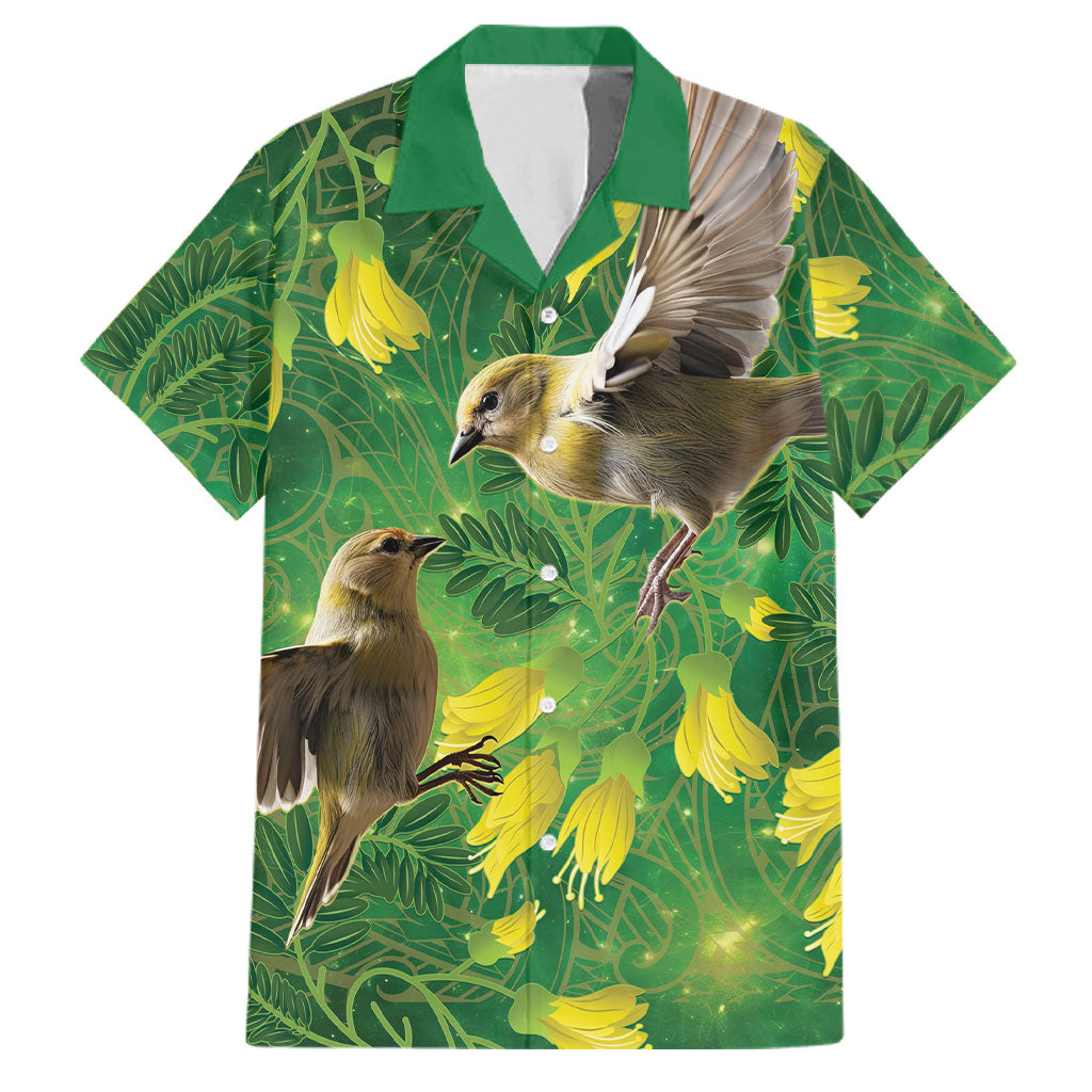 Bellbird New Zealand Personalised Family Matching Off Shoulder Maxi Dress and Hawaiian Shirt Kowhai Flower Maori Pattern LT22 Dad's Shirt - Short Sleeve Green - Polynesian Pride