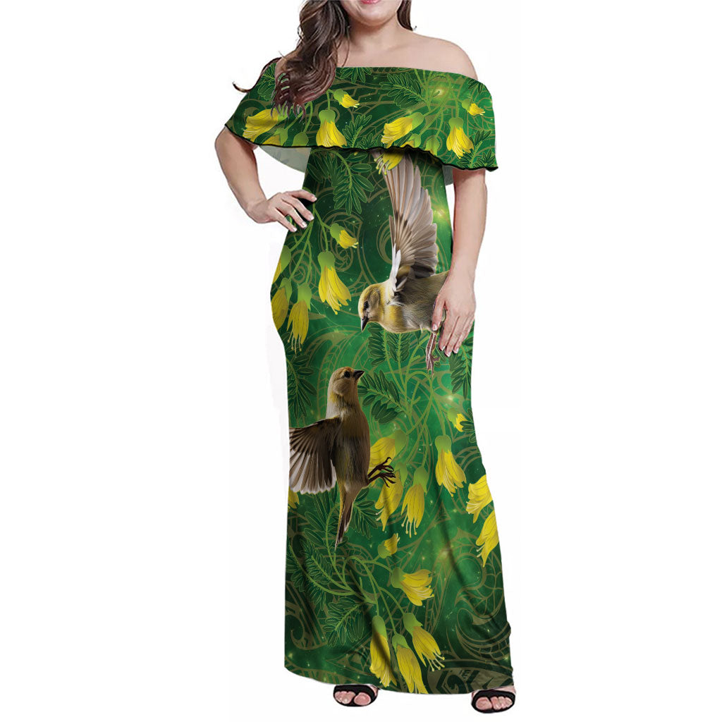 Bellbird New Zealand Personalised Family Matching Off Shoulder Maxi Dress and Hawaiian Shirt Kowhai Flower Maori Pattern LT22 Mom's Dress Green - Polynesian Pride
