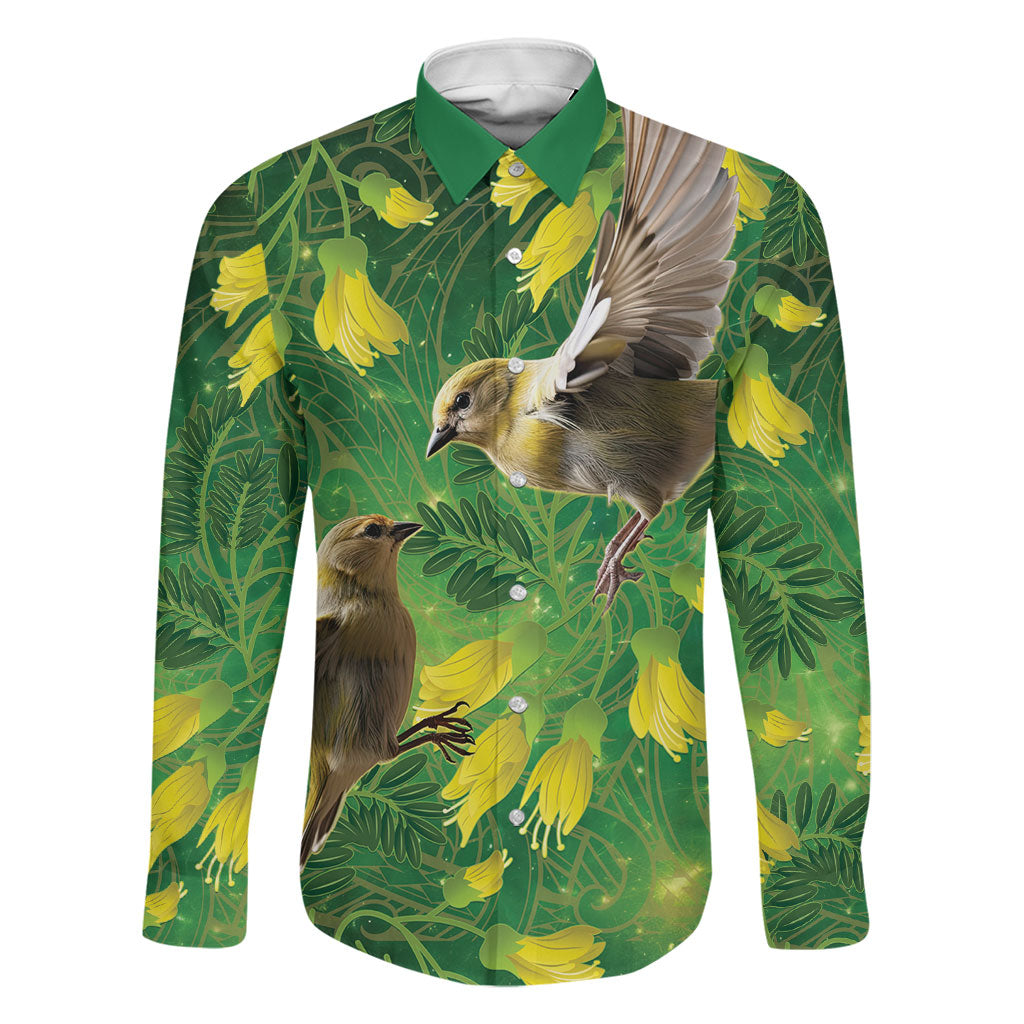 Bellbird New Zealand Personalised Family Matching Off Shoulder Short Dress and Hawaiian Shirt Kowhai Flower Maori Pattern LT22 Dad's Shirt - Long Sleeve Green - Polynesian Pride