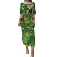Bellbird New Zealand Personalised Family Matching Puletasi and Hawaiian Shirt Kowhai Flower Maori Pattern LT22 Mom's Dress Green - Polynesian Pride