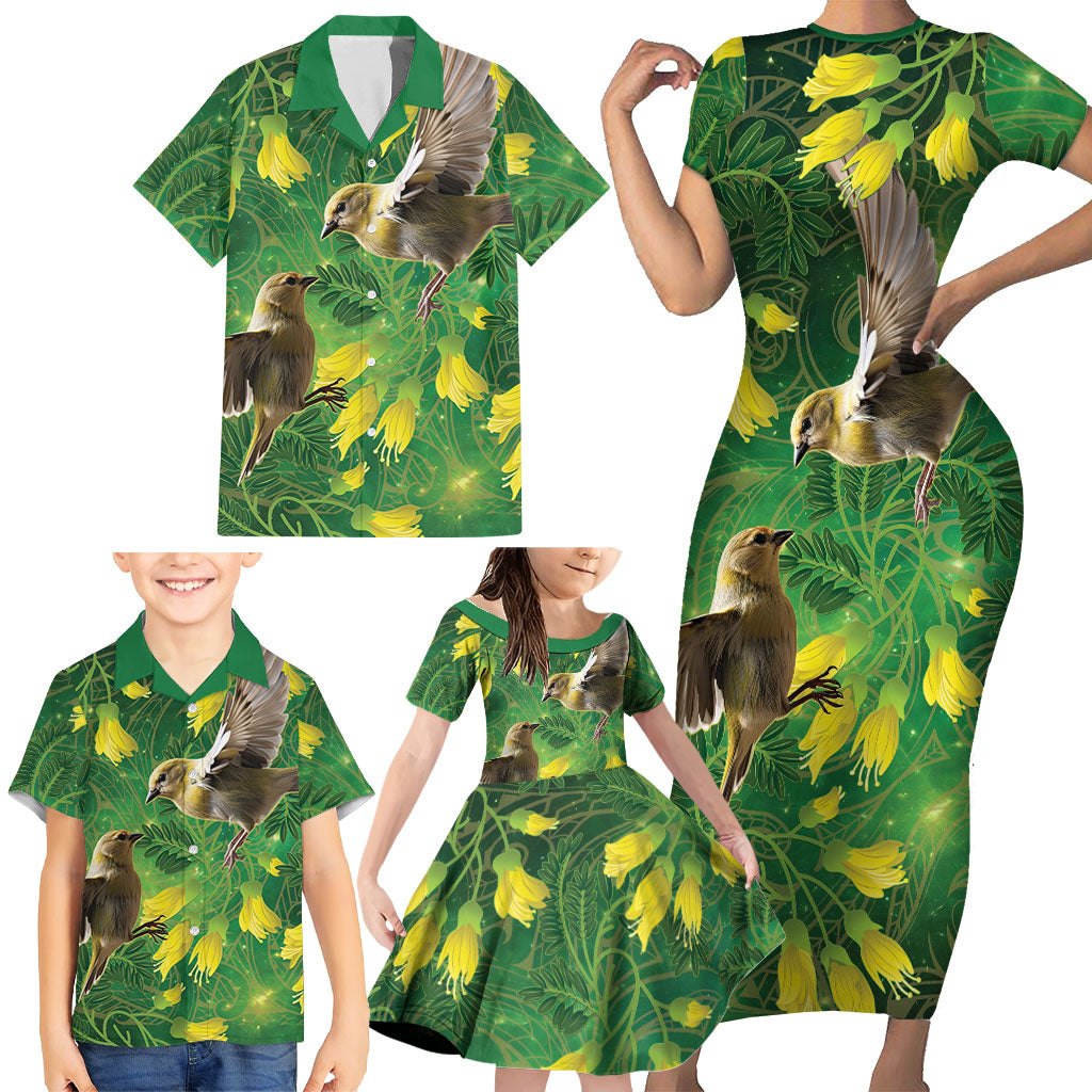 Bellbird New Zealand Personalised Family Matching Short Sleeve Bodycon Dress and Hawaiian Shirt Kowhai Flower Maori Pattern LT22 - Polynesian Pride