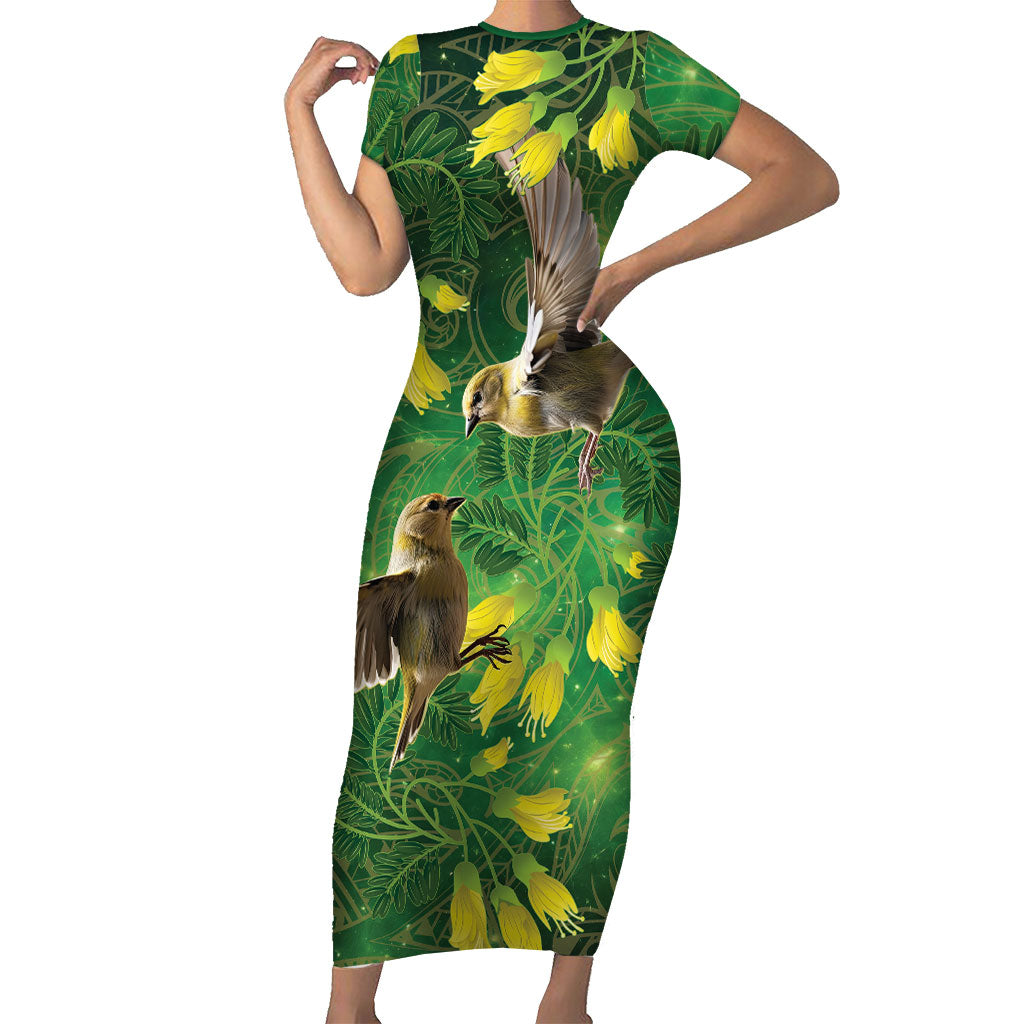 Bellbird New Zealand Personalised Family Matching Short Sleeve Bodycon Dress and Hawaiian Shirt Kowhai Flower Maori Pattern LT22 Mom's Dress Green - Polynesian Pride