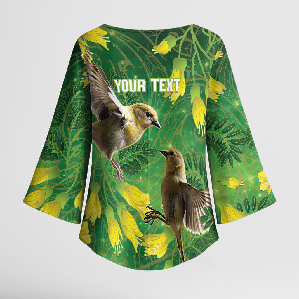 Bellbird New Zealand Personalised Kimono Sleeve Blouse Kowhai Flower Maori Pattern
