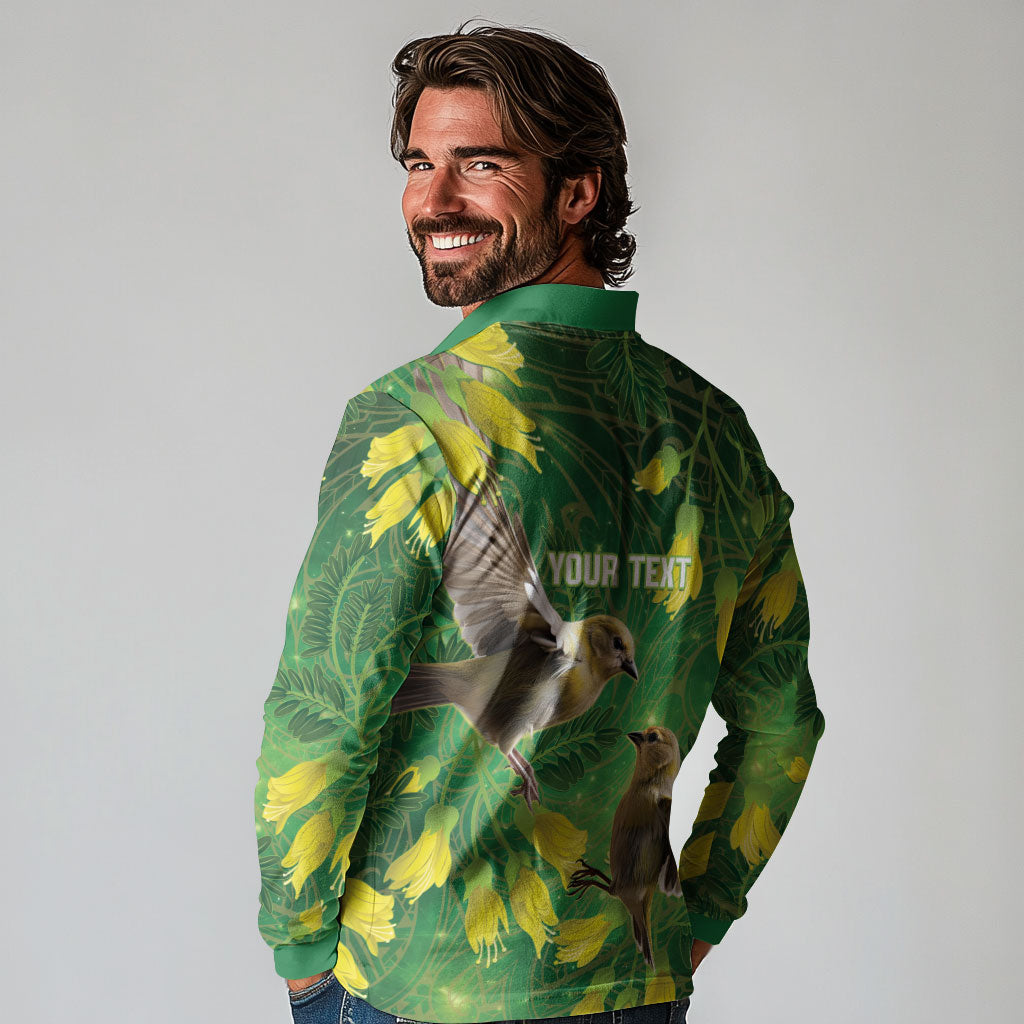 Bellbird New Zealand Personalised Long Sleeve Polo Shirt Kowhai Flower Maori Pattern