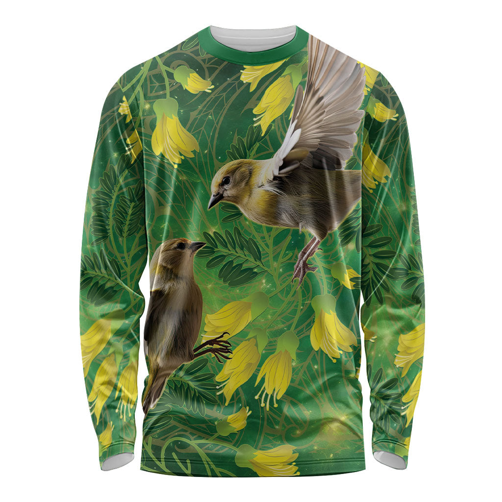 Bellbird New Zealand Personalised Long Sleeve Shirt Kowhai Flower Maori Pattern
