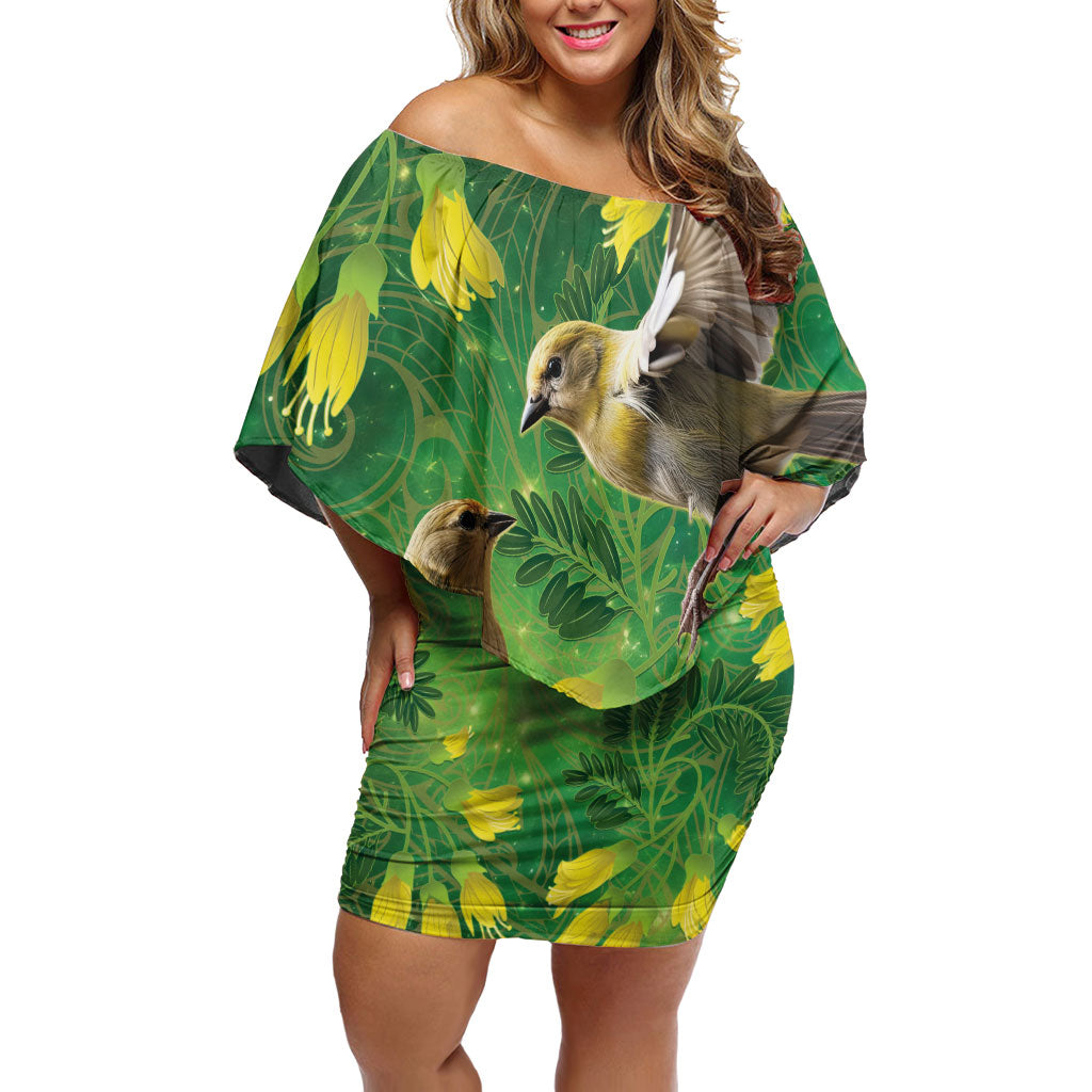 Bellbird New Zealand Personalised Off Shoulder Short Dress Kowhai Flower Maori Pattern