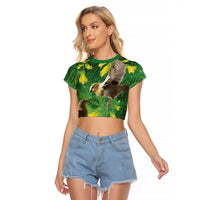 Bellbird New Zealand Personalised Raglan Cropped T Shirt Kowhai Flower Maori Pattern