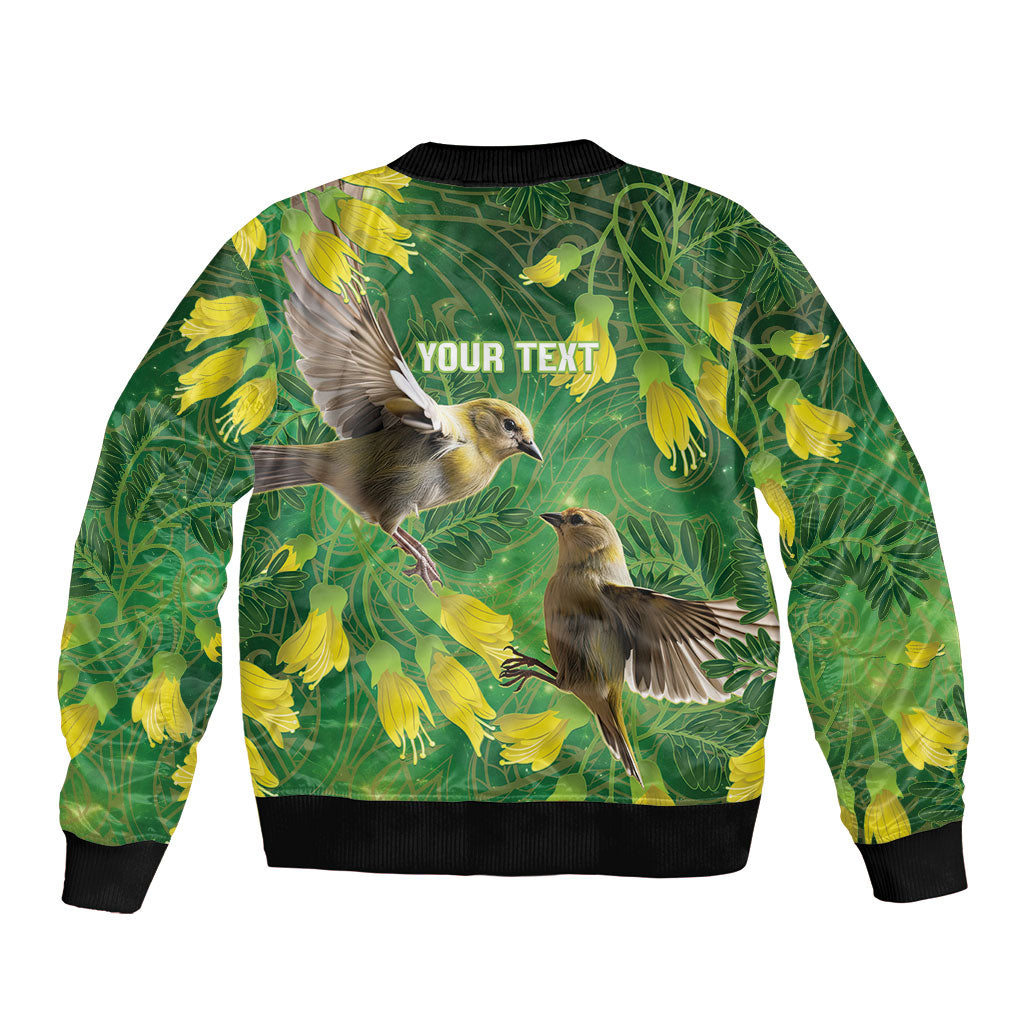 Bellbird New Zealand Personalised Sleeve Zip Bomber Jacket Kowhai Flower Maori Pattern