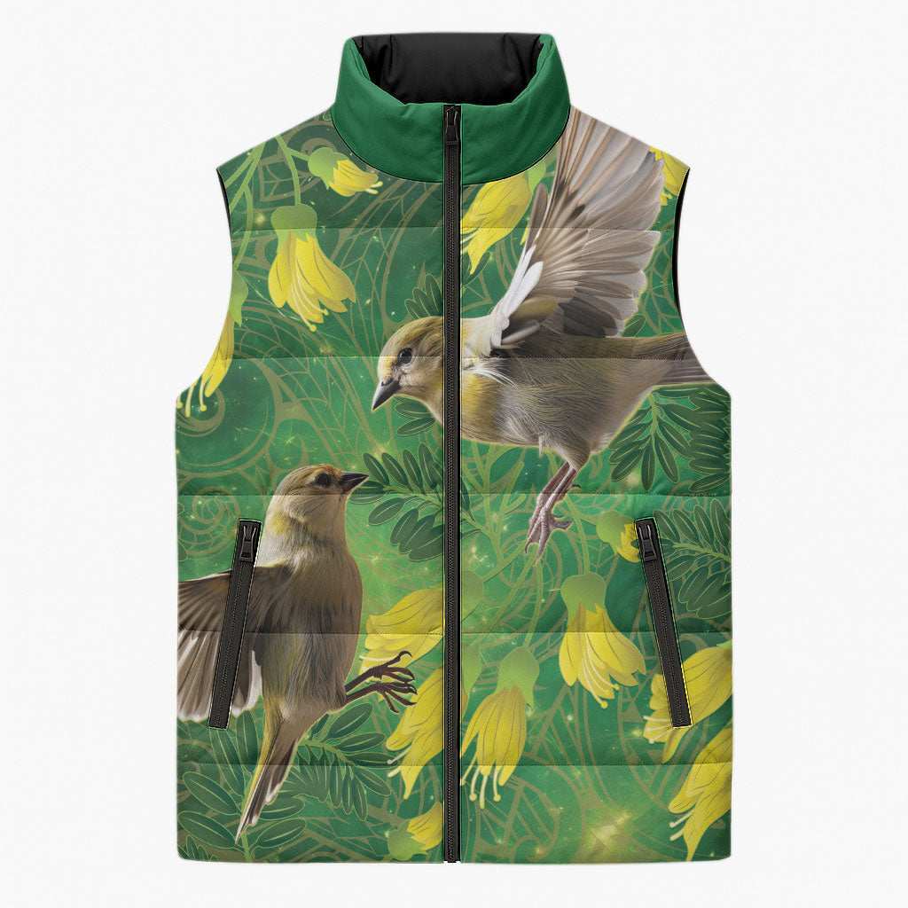 Bellbird New Zealand Personalised Sleeveless Puffer Jacket Kowhai Flower Maori Pattern