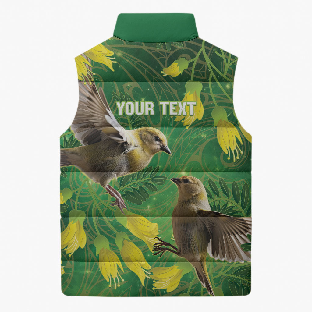 Bellbird New Zealand Personalised Sleeveless Puffer Jacket Kowhai Flower Maori Pattern