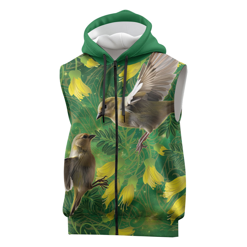 Bellbird New Zealand Personalised Sleeveless Zip Hoodie Kowhai Flower Maori Pattern