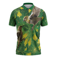 Bellbird New Zealand Personalised Zipper Polo Shirt Kowhai Flower Maori Pattern