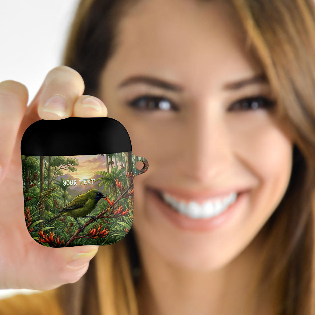 Bellbird New Zealand Personalised AirPods Case Korimako Harakeke Flower Native Forest