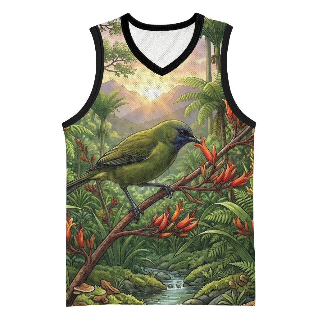 Bellbird New Zealand Personalised Basketball Jersey Korimako Harakeke Flower Native Forest