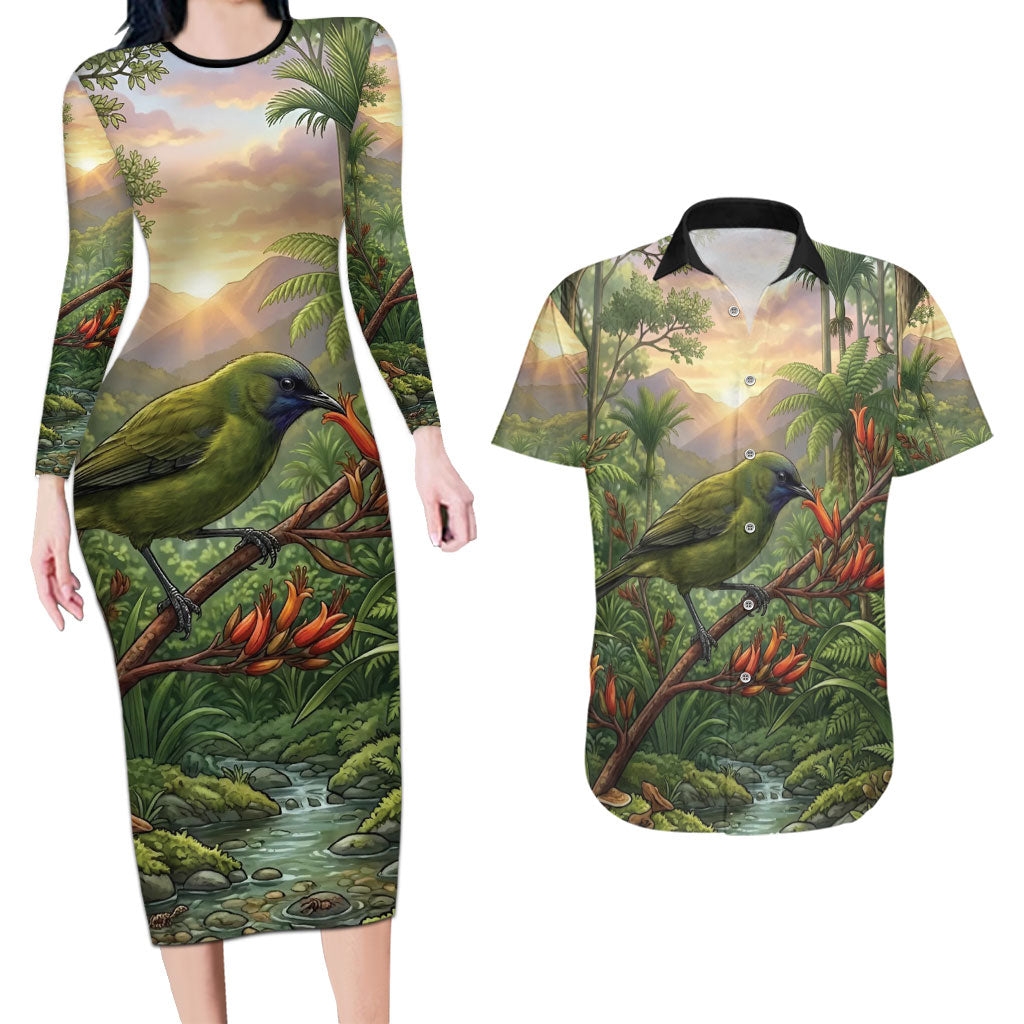 Bellbird New Zealand Personalised Couples Matching Long Sleeve Bodycon Dress and Hawaiian Shirt Korimako Harakeke Flower Native Forest