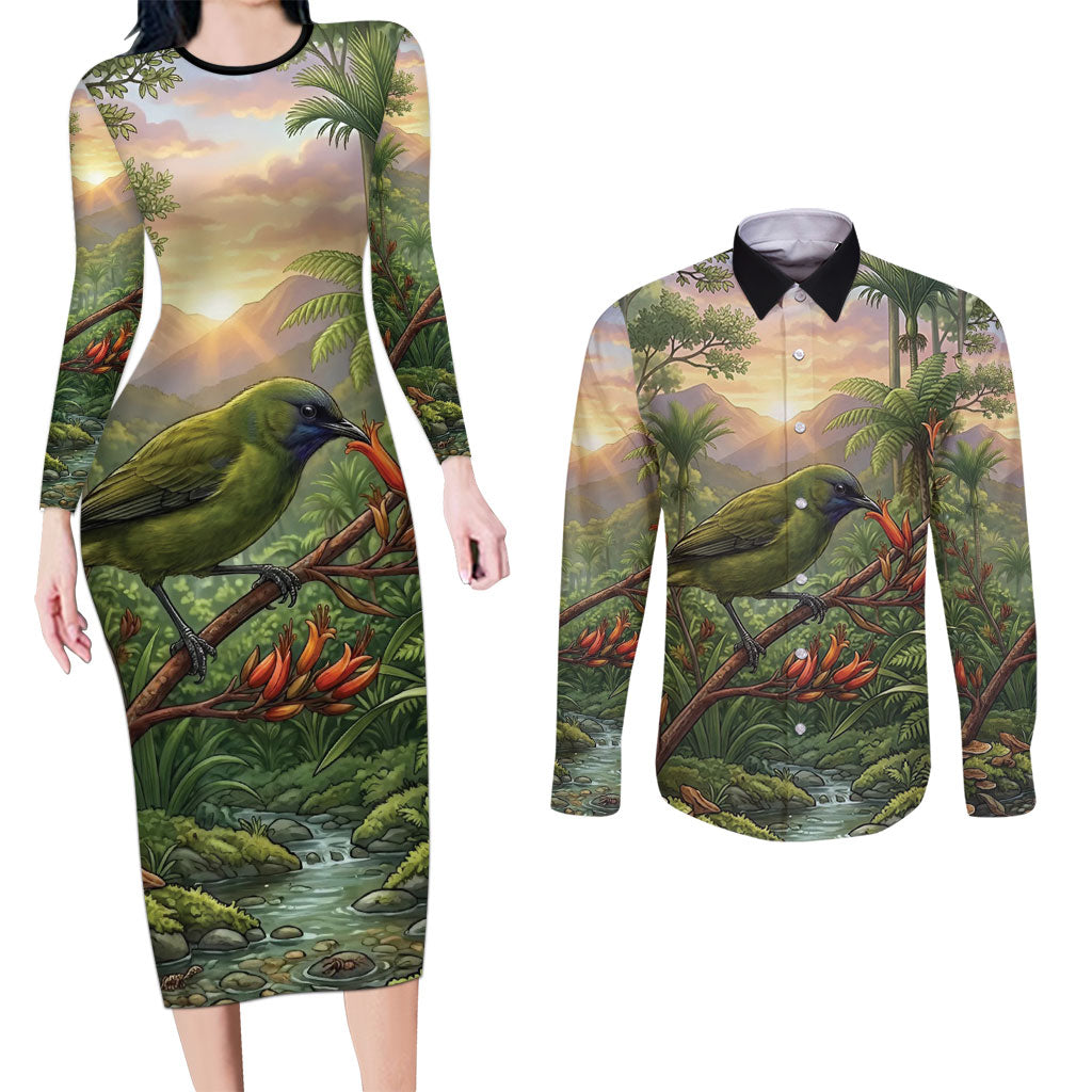 Bellbird New Zealand Personalised Couples Matching Long Sleeve Bodycon Dress and Long Sleeve Button Shirt Korimako Harakeke Flower Native Forest LT22 Green - Polynesian Pride